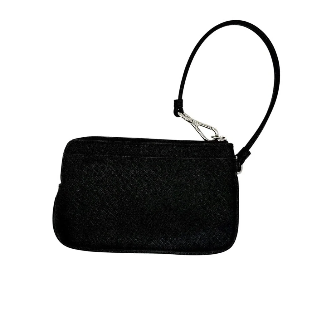 CK Black Saffiano Leather Wristlet Pouch Silver Logo Zip‎ Wallet - Calvin Klein